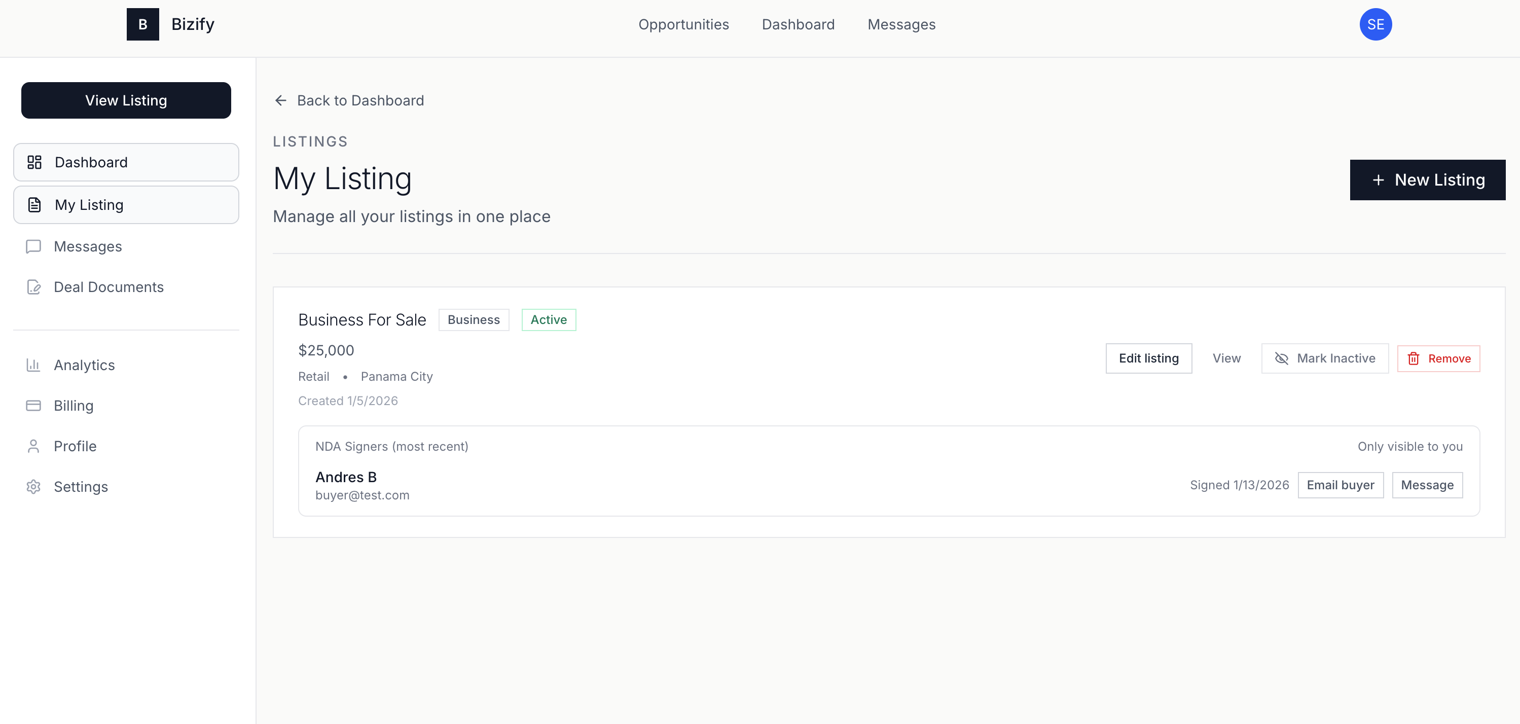 Seller listing management screen